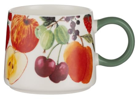 Price & Kensington 'Orchard Fruits' Mug 420ml | Fine China Botanical Coffee Tea Mug | Hand-Painted Fruit Design with Green Handle | Microwave & Dishwasher Safe