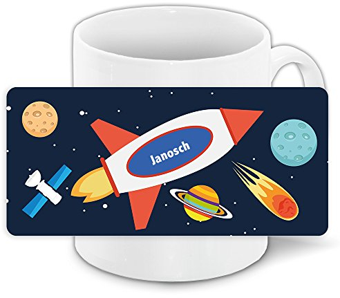 Tasse mit Namen Janosch und schönem Weltraum-Motiv mit Rakete für Jungs - Tasse für Kinder Keramiktasse