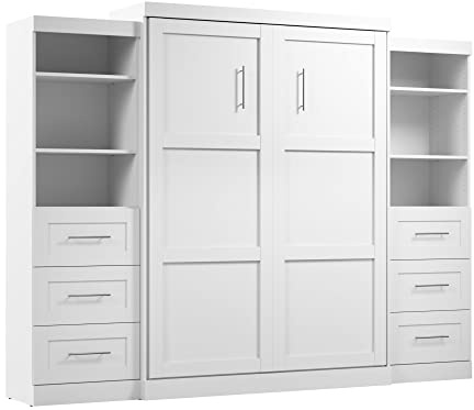 Bestar Pur Queen Murphy Bed and 2 Shelving Units with Drawers, 115-inch Space-Saving Sleeping Arrangement for Multipurpose Area, Bedroom, Guest Room, or Living Room