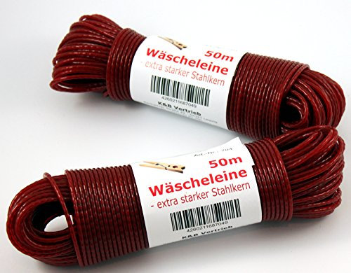 Wäscheleine 100m mit Stahleinlage -K&B Vertrieb- Stahlseil Stahlseilwäscheleine Wäsche Leine extra stark 704 (Rot)