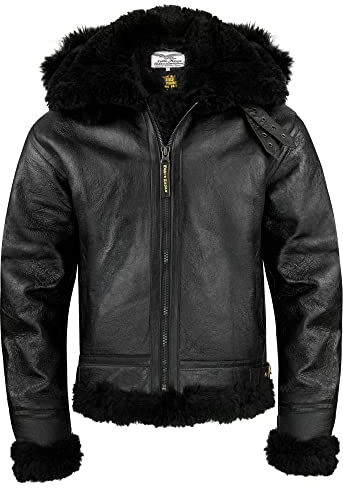 Noble House B-3 Schwarz Fliegerjacke Herren Lederjacke Echtes Schaffell 20 mm (L)