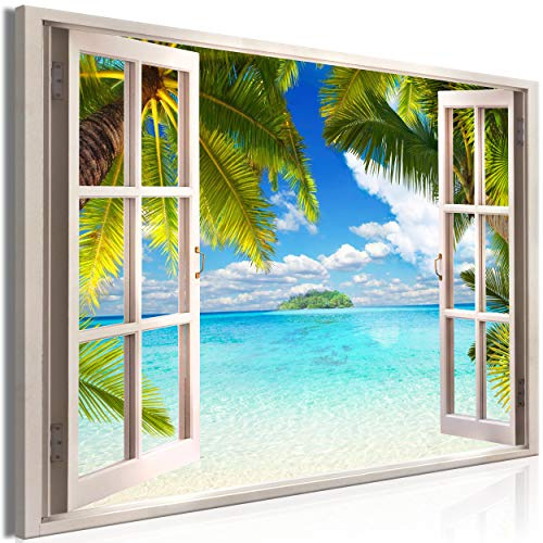 decomonkey Mega XXXL Bilder Fensterblick Meer, 160x80 cm, 1 Teilig, Palmen | Wandbild, Leinwand, Selbstmontage DIY, Einteiliger XXL Kunstdruck, zum Aufhängen, Landschaft