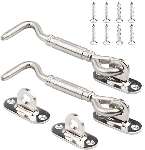 Tiberham Edelstahl Sturmhaken, Kabinenhaken Fensterhaken mit Öse Platten, Torhaken Türhaken Fensterriegel für Garagentor Fenster, 105 mm, 2 Stück