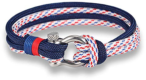 Exinox - Bracelet nautique mixte en corde et acier inoxydable Bleu marine, bleu, rouge et blanc