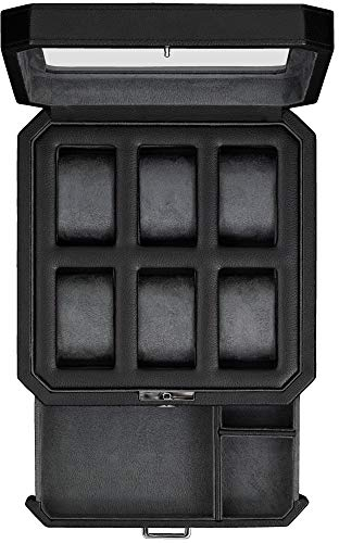 ROTHWELL 6 Slot Leder Uhrenbox mit Valet Schublade - Luxus Uhrenetui Display Organizer, Herren Aufbewahrungsboxen Halter Große Glasplatte (Schwarz/Grau)