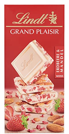 Lindt Schokolade Grand Plaisir Erdbeer-Mandel | 150 g Tafel | Weiße Schokoalade mit fruchtigen Erdbeer-und Mandel-Stückchen | Schokoladentafel | Schokoladengeschenk