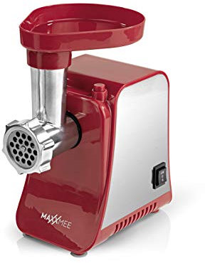 MAXXMEE elektrischer Fleischwolf inkl. Zubehör | Leistungsstarke Wurstmaschine mit robusten Metallgetriebe, mit Rücklauffunktion, Rutschfest | Edelstahl [1300 Watt/Rot]