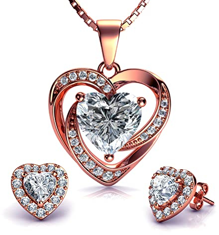DEPHINI – Set Collier et boucles d'oreilles en forme de cœur – Argent sterling 925 – Clous et pendentif avec cristaux de Zircone Cubique – Parure de bijoux fine pour femme (Rose Gold 1)