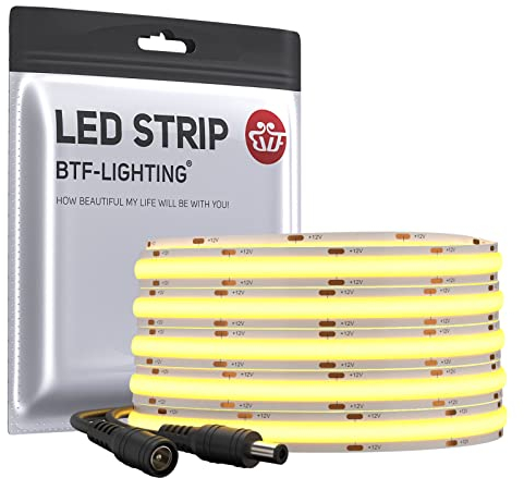 BTF-LIGHTING FCOB COB Striscia LED flessibile ad alta densità uniforme 14W/m 5M DC12V Bianco freddo 6000K CRI 90+ 10mm Larghezza Nastro LED dimmerabile per decorazioni (senza adattatore o controller)