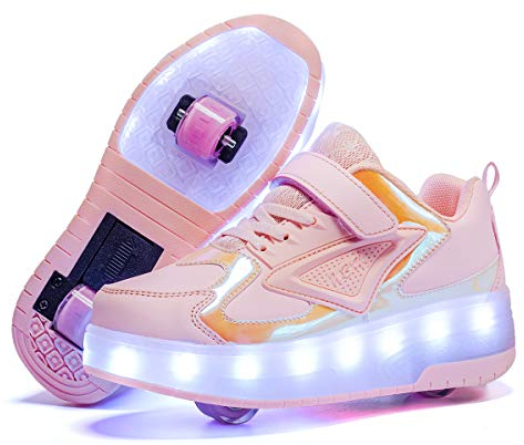 Unisex Kinder LED Farbe Licht USB Wiederaufladbar Skateboardschuhe mit Rollen Drucktaste Einstellbare Hinterrad/Abnehmbares Vorderrad Rollerblades Inline Skates Running Sneaker für Jungen Mädchen