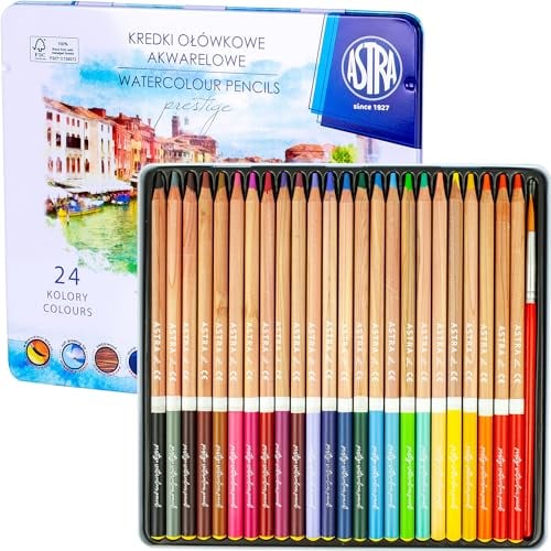 Astra Prestige 24 Aquarellstifte und Pinsel mit Metalldose für Kinder und erwachsene Künstler, FSC-zertifizierte, vorgespitzte Zedernholzstifte