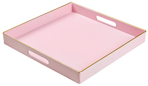 Dekoratives Tablett, rosa Serviertablett mit Griffen, Couchtisch, quadratisches Kunststofftablett für Ottomane, Badezimmer, Küche, 33 x 33 x 4 cm