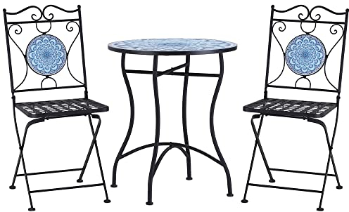 Outsunny Set da Giardino 3 Pezzi con Mosaico, Tavolino da Esterno Rotondo con 2 Sedie Pieghevoli in Metallo, Blu