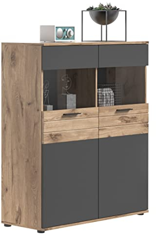 Newroom Vitrine Eiche Basalt Grau Vitrinenschrank Industrial Modern - 110x122x37 cm (BxHxT) - Glasvitrine Standvitrine Glasschrank - [Stanley.Seven] Wohnzimmer Wohnstube Büro