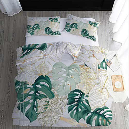 Bettwäsche Monstera 135 x 200 cm 2teilig Set - Wendebettwäsche Bettbezug Weiß mit 1 Kissenbezüge 80x80 cm, Mikrofaser Bettwäsche-Set mit Reißverschluss