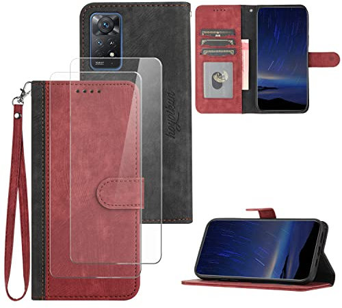 Hoyoikun Coque pour Redmi Note 11 Pro 4/5G[2 pcs Protecteur d'écran],Etui en Cuir PU Portefeuille Coque avec Fente Carte,Fonction de Support,Fermeture Magnétique-Rouge