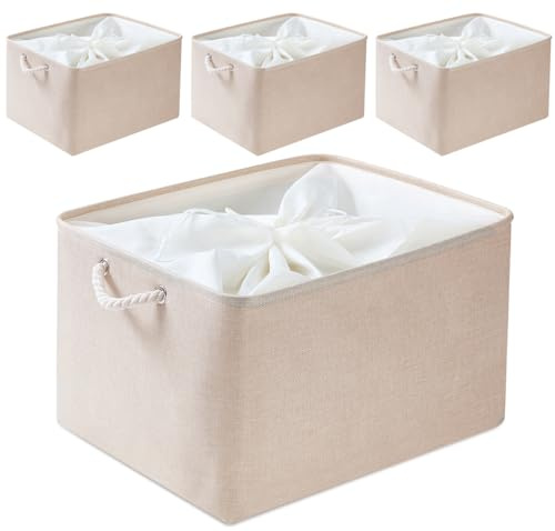 Mangata Collapsible Storage Box, Fabric Storage Basket with Handles | Soft & Durable, for Shelf, Closet, Wardrobe, XX-Large, 50x40x30cm,Light Khaki, 4 Pack