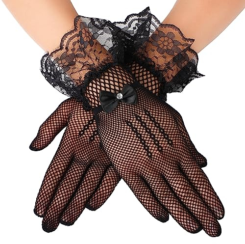 Giantree Frauen Spitze Handschuhe, elegante kurze Spitze Handschuhe für Hochzeit Diner Party Tea Party Cosplay Oper Abend Party Kostüm Zubehör (Schwarz)