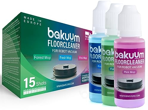 BAKUUM Fregasuelos Monodosis Concentrado Limpiador Robot Aspirador, Potente Aroma Duradero Sin Marcas ni Rayas. Parque, Tarima, Cerámicos, Porcelánicos, Baldosas.15 botellas de 20ml.