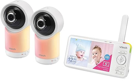 VTech RM5766-2HD RM57662HD Smart Wi-Fi 1080p 2-Camera 360°-Pan-and-Tilt Video Baby Monitor System with 5-in. Display, Night-Light, and Remote Access, White