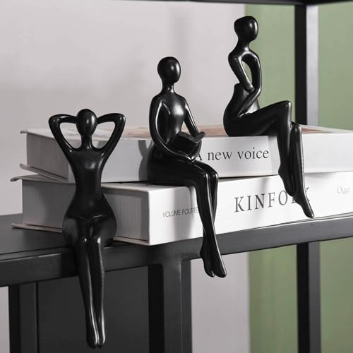Quoowiit Black Thinker Statue Buch Regal Dekor Minimalistische Moderne Home Sammelfiguren für Büro, Schreibtisch, Couchtisch - 3-teiliges Set