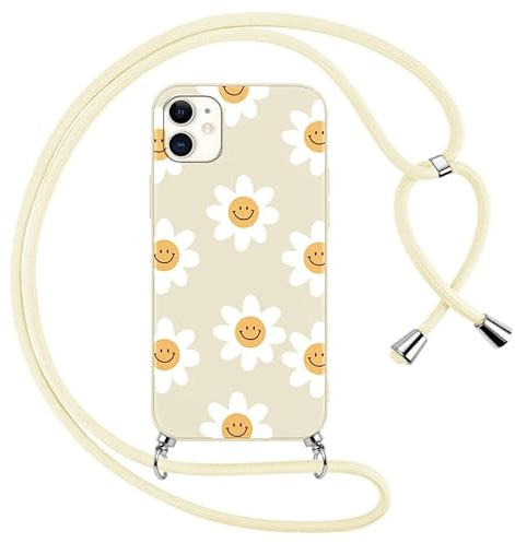 Foonary Handykette Hülle mit Kette für Apple iPhone 11 6,1 Handyhülle, Blumen Smile Design Band Necklace Case mit Kordel zum Umhängen Silikon Bumper Kratzfest Schutzhülle Cover Schnur für iPhone 11