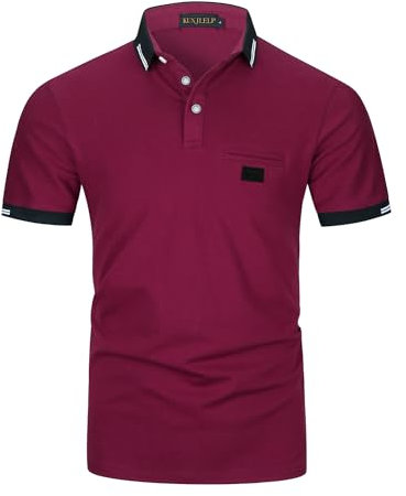 KUNJLELP Men's Regular-Fit Cotton Short Sleeve Polo Shirt Casual Golf Polos,Red 39,XL
