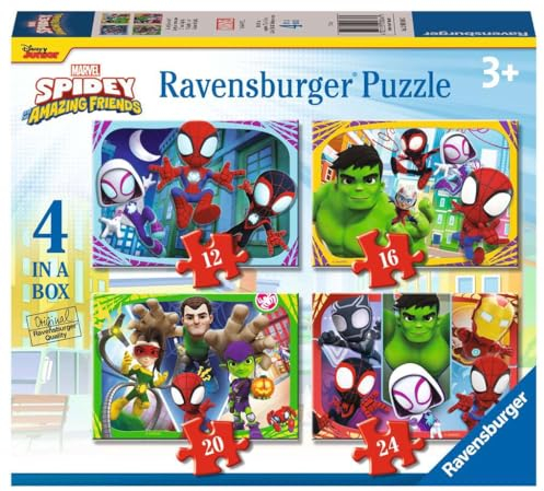 Ravensburger Marvel Spidey & His Amazing Friends Spiderman Jigsaw Puzzles for Kids Age 3 Years Up - 4 in a Box (12, 16, 20, 24 Pieces)