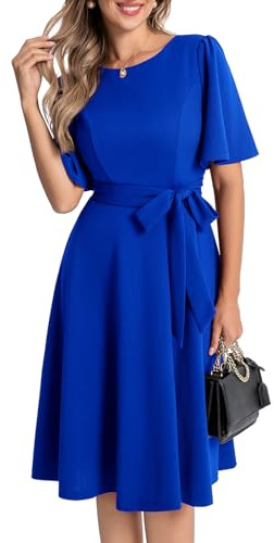 Bbonlinedress Abendkleider elegant für Hochzeit Winterkleid Damen elegant Kurzarm festliches Kleid midilang Party Cocktailkleid mit Gürtel Royal Blue M