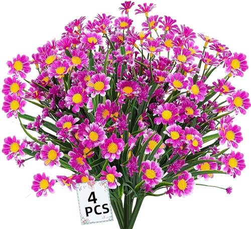 4PCS Artificial Daisy Flowers Outdoor Spring Summer Decoration UV Resistant Fake Flowers Faux Plastic Greenery Shrub Plant Indoor Outside Hanging Garden Home Porch Wedding Party Decor (Fuchsia)