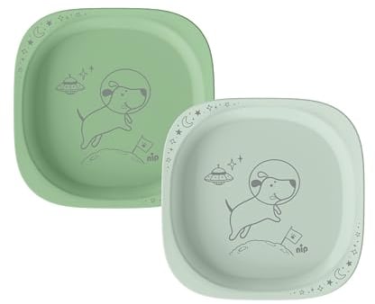 nip Green Öko Lot de 2 assiettes pour bébé et enfant, passent au micro-ondes et au lave-vaisselle, extra plates et parfaites pour les débutants, sans BPA, sans mélamine, durables, motif animal, vert