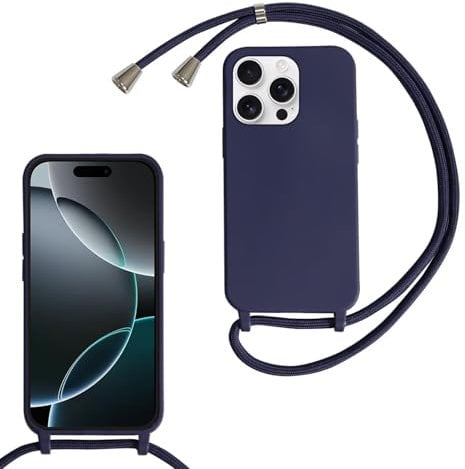SLWYF Compatible with iPhone 16 Pro Crossbody Lanyard Case, Liquid Silicone Protective Phone Case with Strap Adjustable Neck Cord Necklace Soft Cover for iPhone 16 Pro, Navy blue