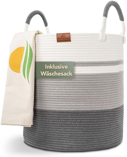 WIESEN.design Korb EMILIA Ø46xH48 cm Grau/Weiß/80L, Wäschekorb geflochten aus Baumwolle, Wäschesammler, Aufbewahrungskorb groß, Korb geflochten, faltbarer Wäschekorb, Wäschetonne, laundry basket