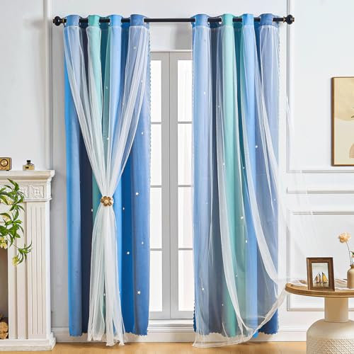 SeseBee 2-teilige Vorhänge für Mädchenschlafzimmer, Kinderzimmer, Tochterschlafzimmerfenster, Verdunkelungsvorhänge, Sternform, Ösenvorhänge (Blau Grün Grau, B132×L182)