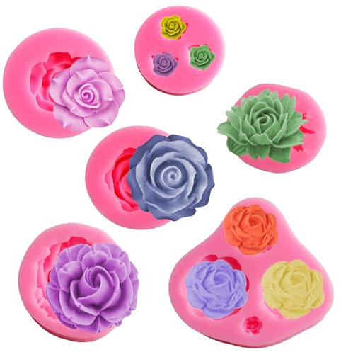 Lot de 6 moules en silicone en forme de fleur 3D pour bougies - Rose - Moule à fondant - Moule à savon - Moule à gelée en silicone - Moule à chocolat pour bougies en cire, savon, gâteau