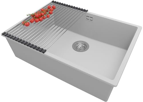 PRIMAGRAN Fregadero Cocina Gris 66x47cm, Granito 1 Seno + Sifón + Enrollable Escurridor, Sobre encimera al mueble 70cm - London Slim S245