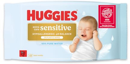 Huggies Extra Care Sensitive Baby Wipes - 8 Pack (384 Wipes) – Plastic Free Wet Wipes, 99% Water, Fragrance Free, Hypoallergenic, Extra Soft Texture with Soft Pillows