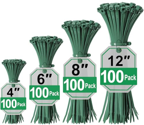 Green Zip Ties Assorted Sizes (4+6+8+12), 400 Pack, Cable Ties UV Resistant for Garden, Plants, Fence, Holiday Lights, Yakobela