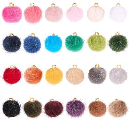 SUNNYCLUE 96 Stück 24 Farben Kunstfell Pompon Anhänger Flauschige Pompom Anhänger Bunte Polyester Flausch Anhänger Runde Kleine Kugel Anhänger Mit Goldenem Ring Für Quaste DIY Bastelarbeiten Schmuck S