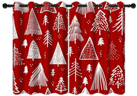 YONGFOTO 117x138cm Tende natalizie per la camera da letto Nordico Albero di Natale rosso Fiocchi di neve Tende Oscuranti con Occhielli per Decorazioni Invernali per il Soggiorno, 2 Pannelli
