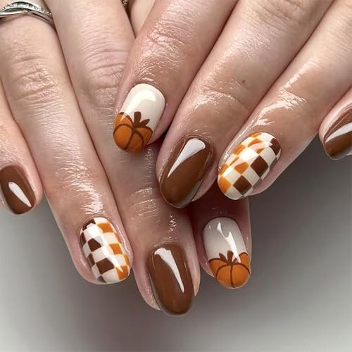 Celblisora 24pcs Short Almond Stick Press-on Nails, Pumpkin Glue,Brown Shiny Artificial Nails,Full Cover,Holiday DIY Acrylic Nails