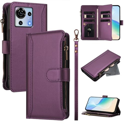 Hülle Kompatibel mit ZTE Blade V50 Vita Handyhülle, Reißverschluss Leder Tasche Flip Brieftasche Case mit 9 Kartenfach Ständer Magnet Klappbar Schutzhülle für ZTE Blade V50 Vita, Violett