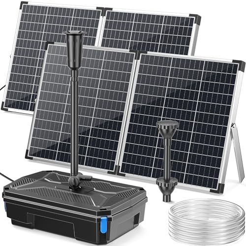 POPOSOAP 120W Solar Pond Filter & Fountain Pump Kit for Outdoor Ponds | 6000L/h Submersible Pump with 4-Stage Filtration & 3 Nozzles for Fish Tanks, Water Garden