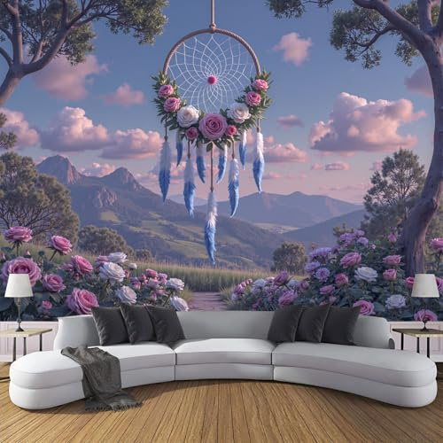Fototapete 200x140cm Fantasielandschaft Seide Wandtapete Traumfänger Mit Gefiederter Blume Fototapeten XXL Moderne Wanddekoration UV-Beständig für Wohnzimmer Schlafzimmer, Blau