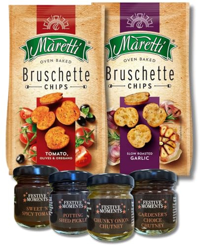 Maretti Bruschette Chips Snack Bundle with 4 Gourmet Chutneys – Tomato, Olive & Oregano + Slow Roasted Garlic Flavours 70g with Mini Chutney Jar Selection - Festive Snack Set