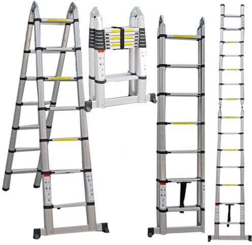Telescopic Ladder 5m Multi Purpose with Stabiliser, 2.4m+2.4m, A Frame or Straight, Multi Purpose Combination Step Ladder, Extension Ladder EN131 Standards