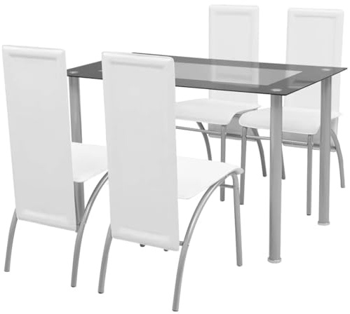 RCODSSK Fünfteilige Essgruppe Weiß mit pulverbeschichteten Stahlrahmen, Moderne Essgruppe aus Stahl und Glas mit Tisch und Vier Stühlen