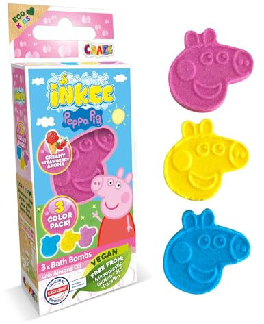 INKEE Mini Pack Peppa Pig, Set De 3 Bombas De Baño Para Niños Con Formas De Sus Personajes De Peppa Pig Y Aroma de Fresa, Diversión Asegurada