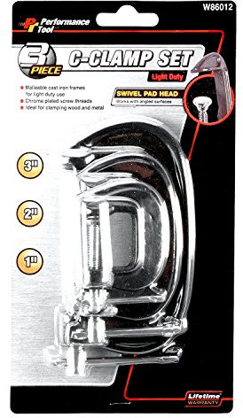 Performance Tool W86012 3-Piece C-Clamp Set with Malleable Cast Iron Frames and Swivel Pad Head for Wood and Metal Clamping