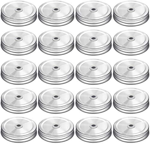 20 Pieces Stainless Steel Regular Mouth Mason Jar Lids with Straw Hole Compatible with Mason Jar (Silver, 2.7 Inch)
